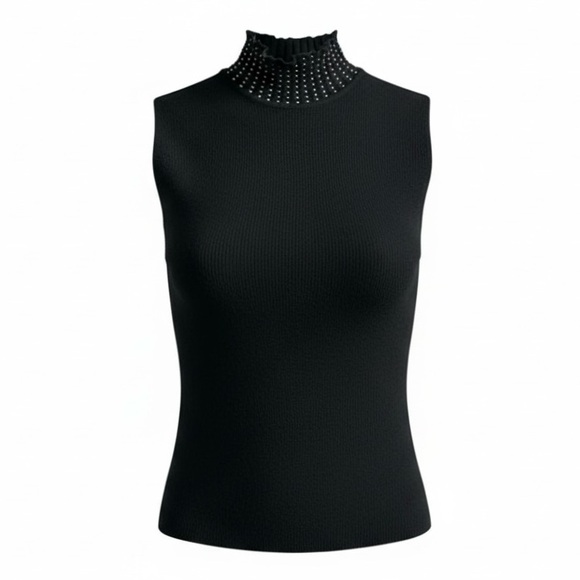Griffith Gray For St. John Black Sleeveless Mock Neck Sweater with Silver Studs